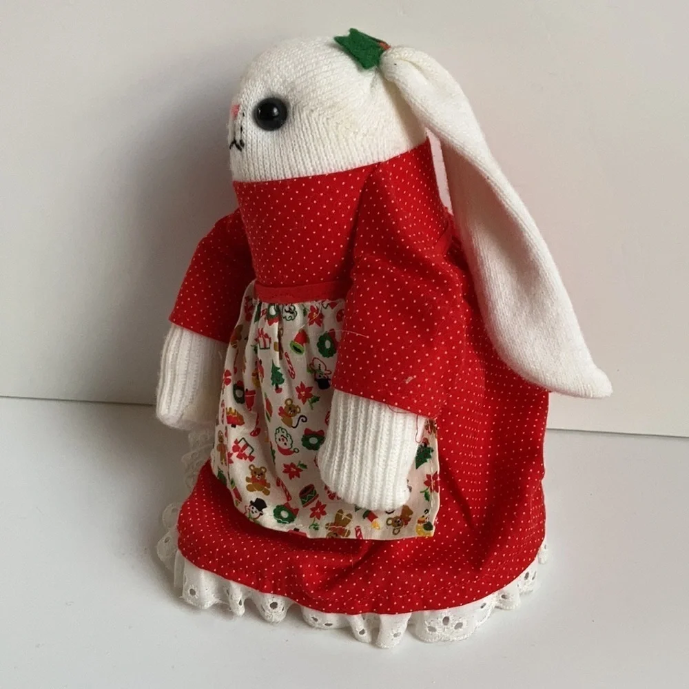 Vintage 80s Christmas sock bunny and baby red dress and Christmas print apron